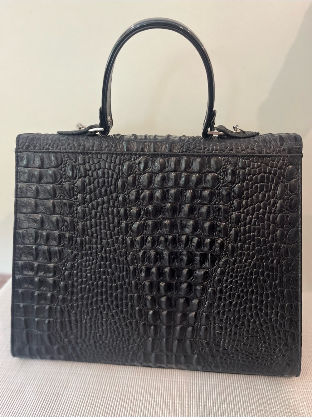 Black Croc-Texture Top Handle Shoulder Bag - Picture 7 of 16
